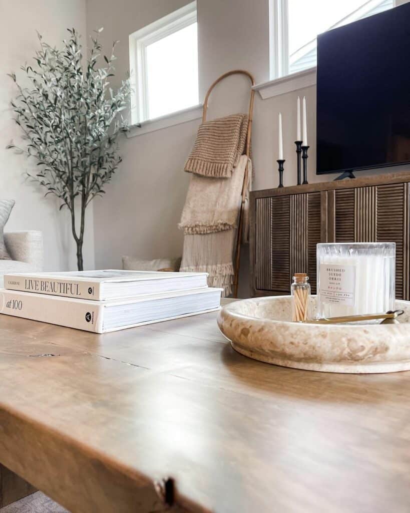 Image showcasing Living Room With Rustic Wooden Accents - Soul & Lane