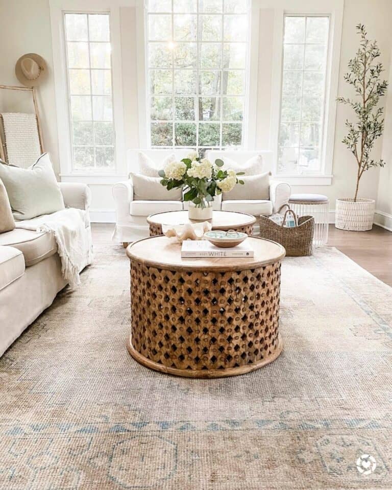 Living Room With Textured Wood Coffee Tables