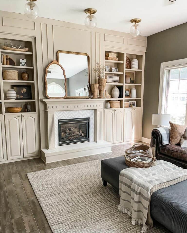 Living Room With Wheat-colored Fireplace Cabinets