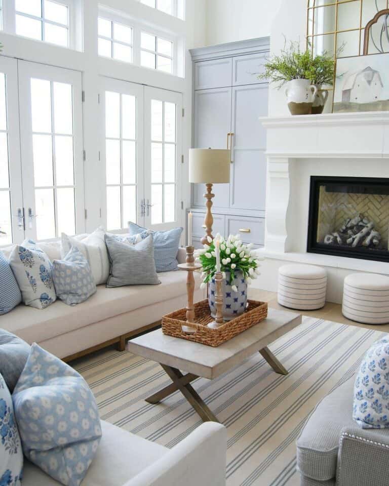 Lofty Living Room With Blue-and-White Accents