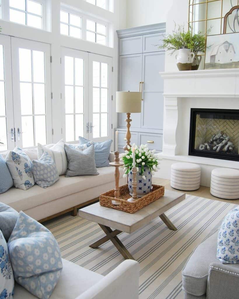 Lofty Living Room With Blue-and-White Accents