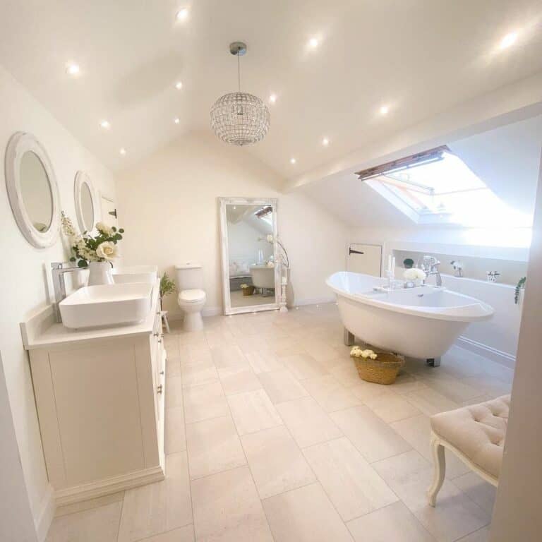 Luxurious All-white Farmhouse Master Bathroom
