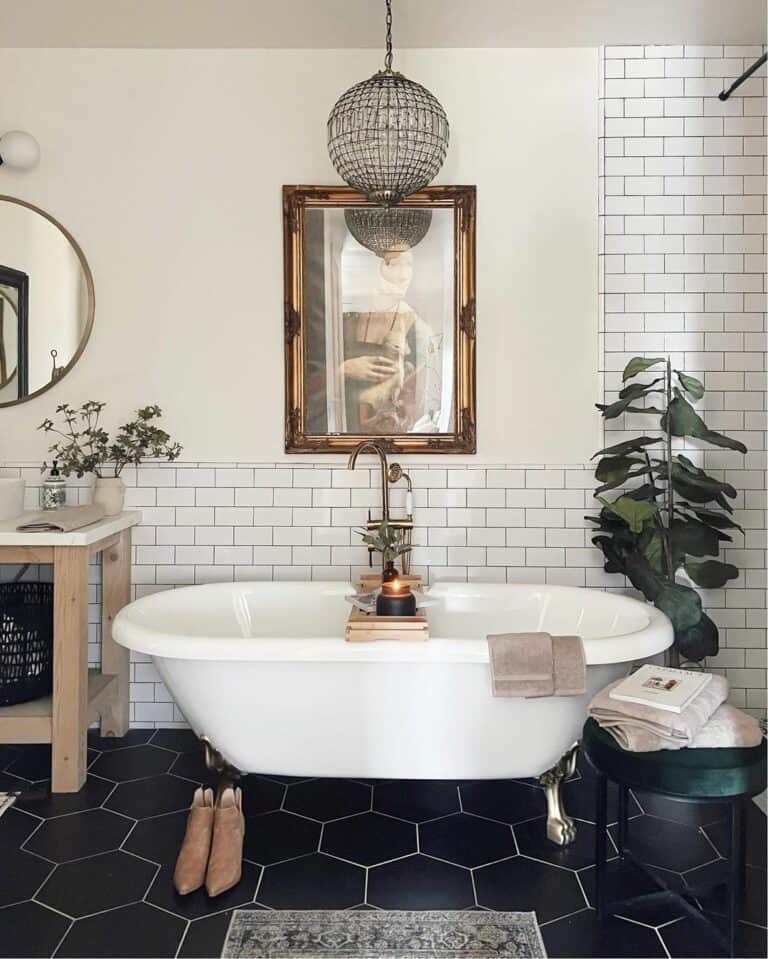 Luxury Master Bathroom With Bold Black Floor Tiles
