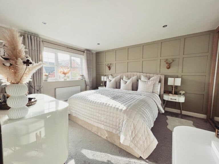 Luxury Master Bedroom With Warm Board and Batten Accent Wall