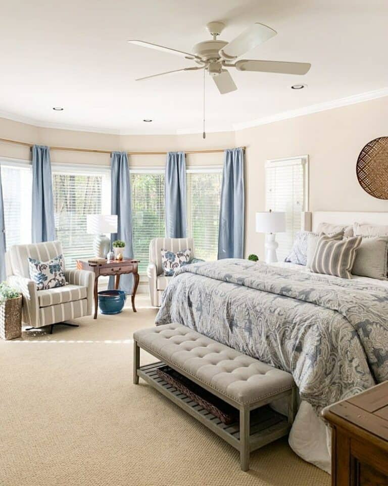 Master Bedroom Ideas With Sitting Area and Blue Curtains