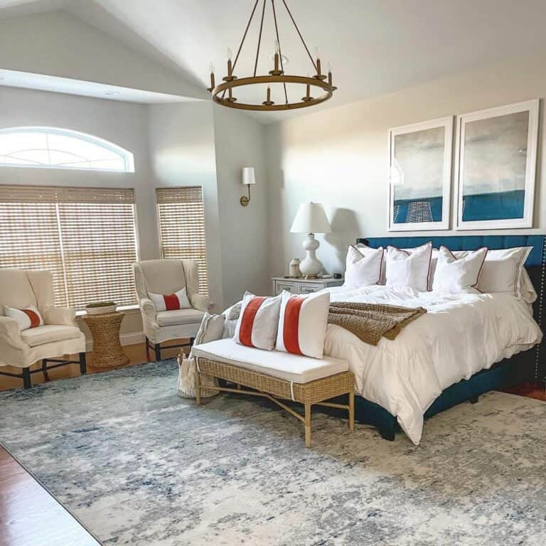 Master Bedroom With Blue and Rattan Accents