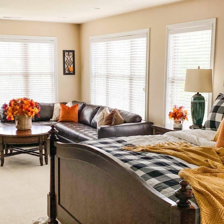 Master Bedroom With Brown Leather Sectional