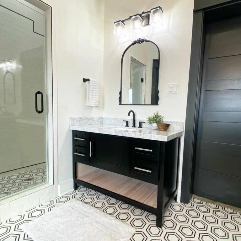 Minimalist Black and White Bathroom With Large Walk-in Shower