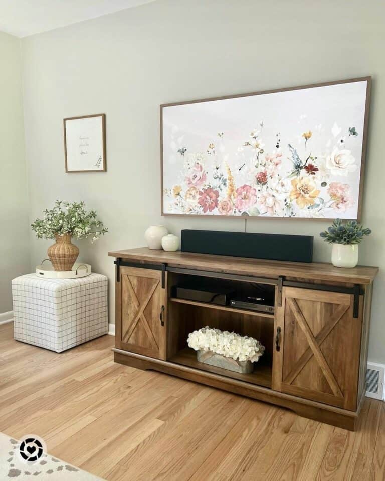 Minimalist Warm Wood TV Entertainment Center With Greenery