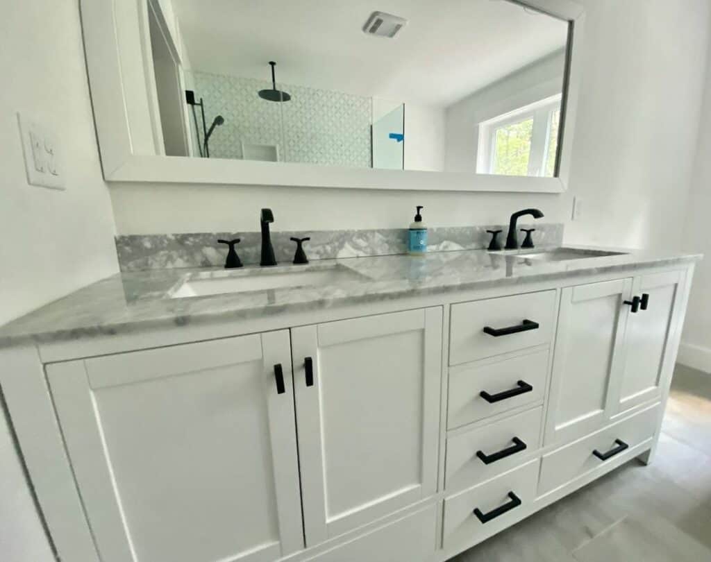 Minimalist White Bathroom With Gray Marble Countertop