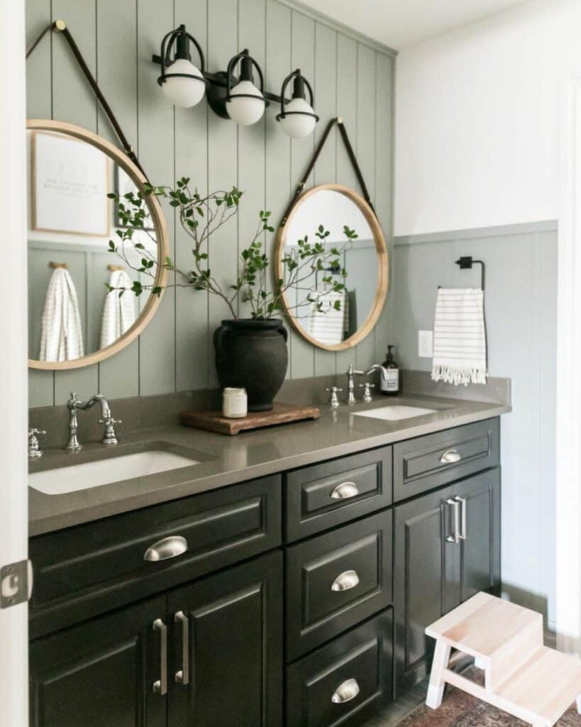 Modern Bathroom With Sage Gree Vertical Shiplap