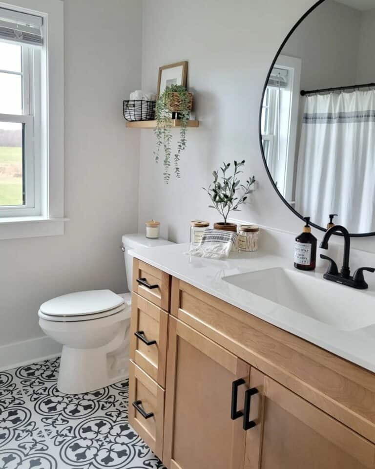 Modern Black and White Bathroom With Greenery
