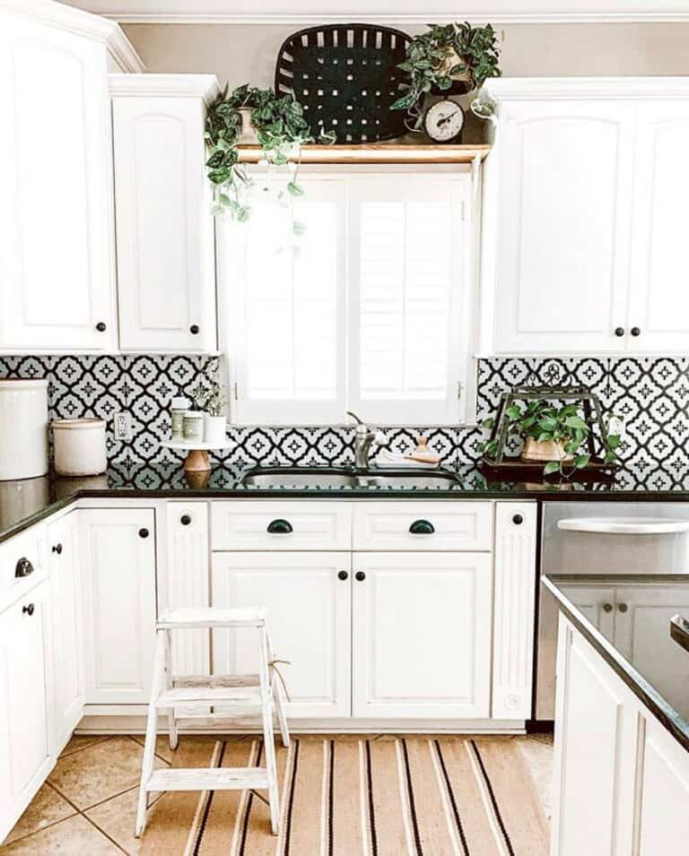 Modern Black and White Cabinet Kitchen With Black and White Geometric Tile Backsplash