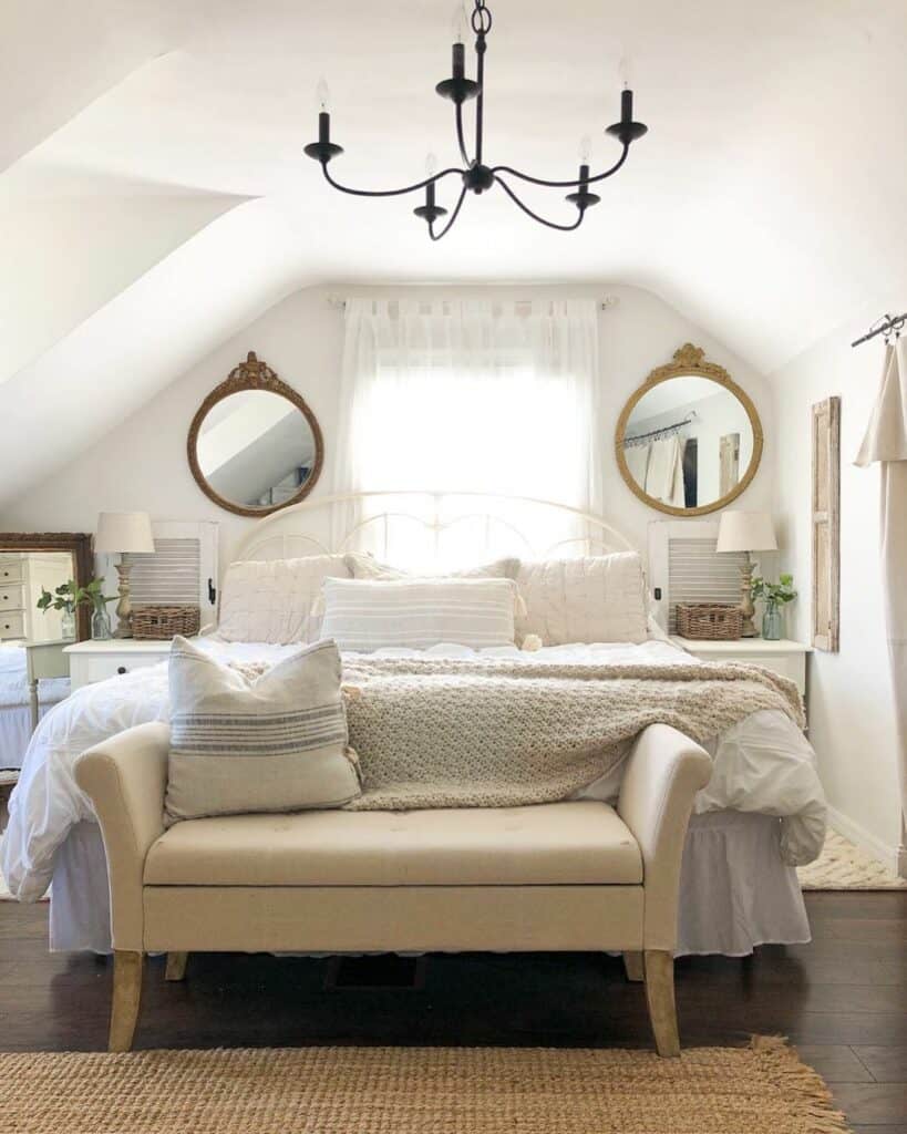 Modern Farmhouse Bedroom With Round Wood Frame Mirrors