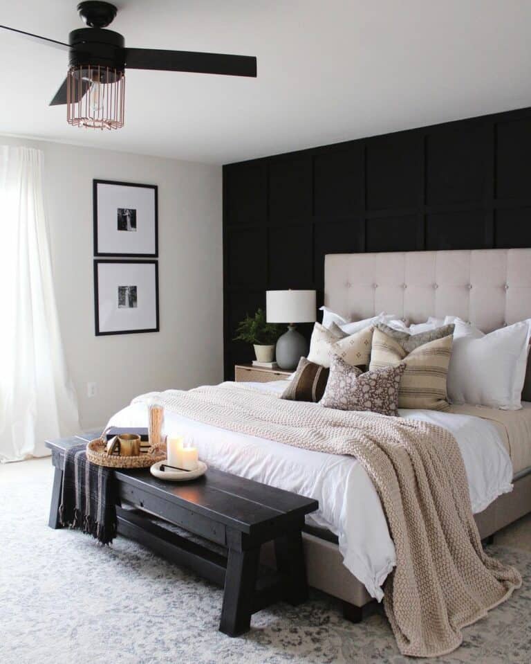 Modern Farmhouse Bedroom With a Tricorn Black Accent Wall