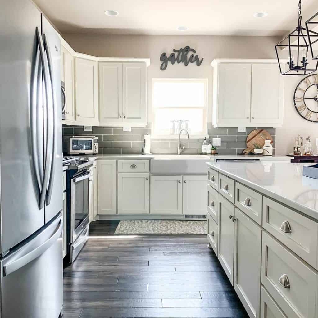 Modern Farmhouse Kitchen With Light Gray Subway Tile Backsplash