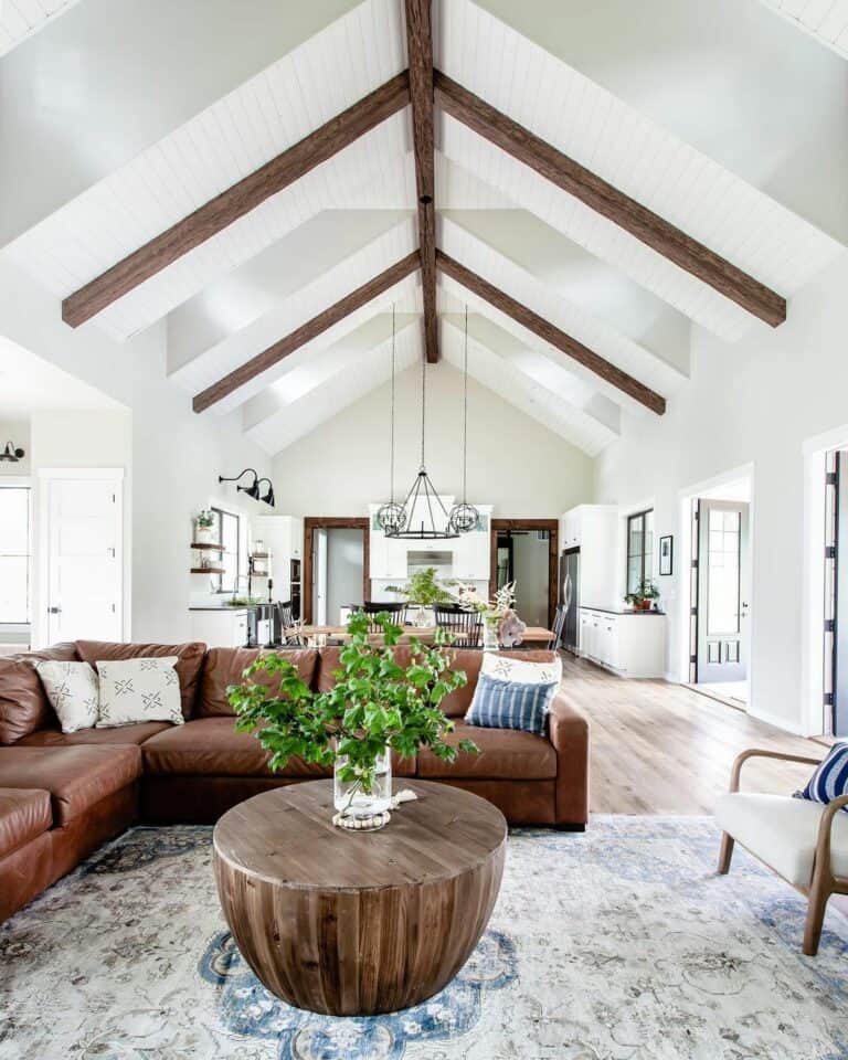 Modern Farmhouse Living Room With Beamed Ceiling