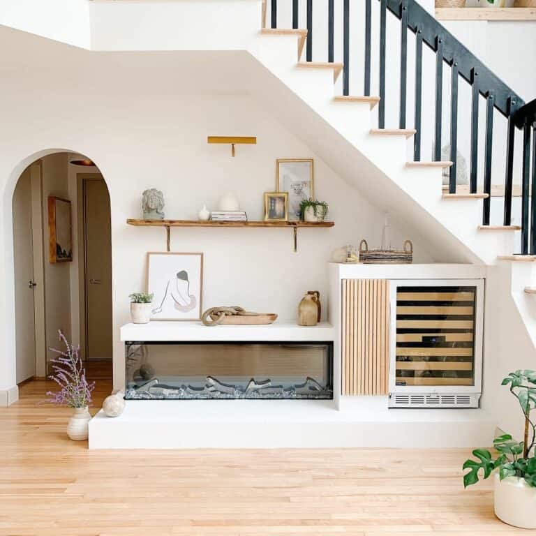 Modern Fireplace and Wine Fridge Focal Point