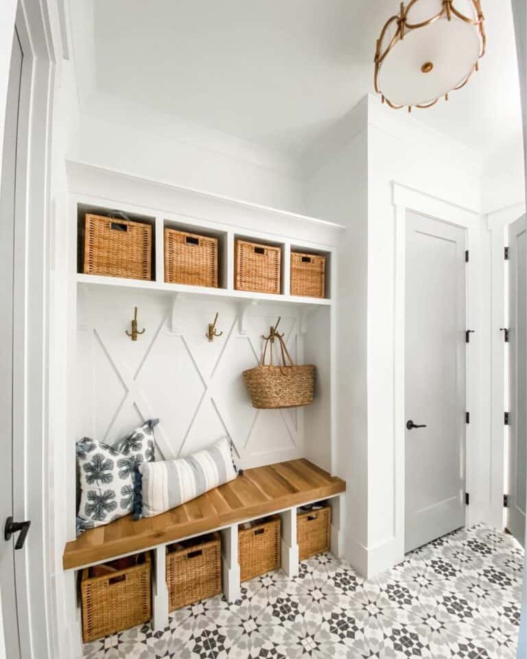 Modern Gray and White Mudroom With Patterned TIle