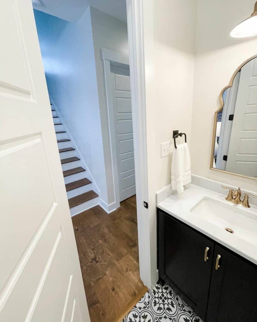 Modern Hallway Bathroom With Abstract Tile Flooring