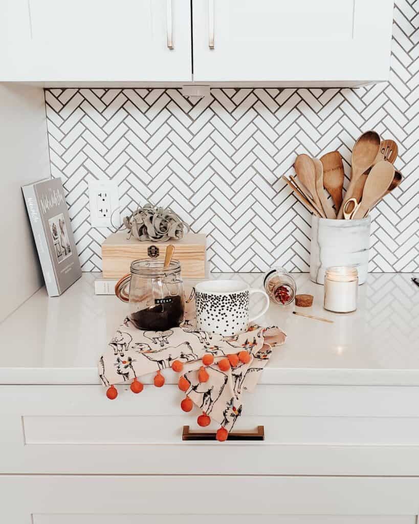 Modern Kitchen With White Herringbone Tile Backsplash Ideas