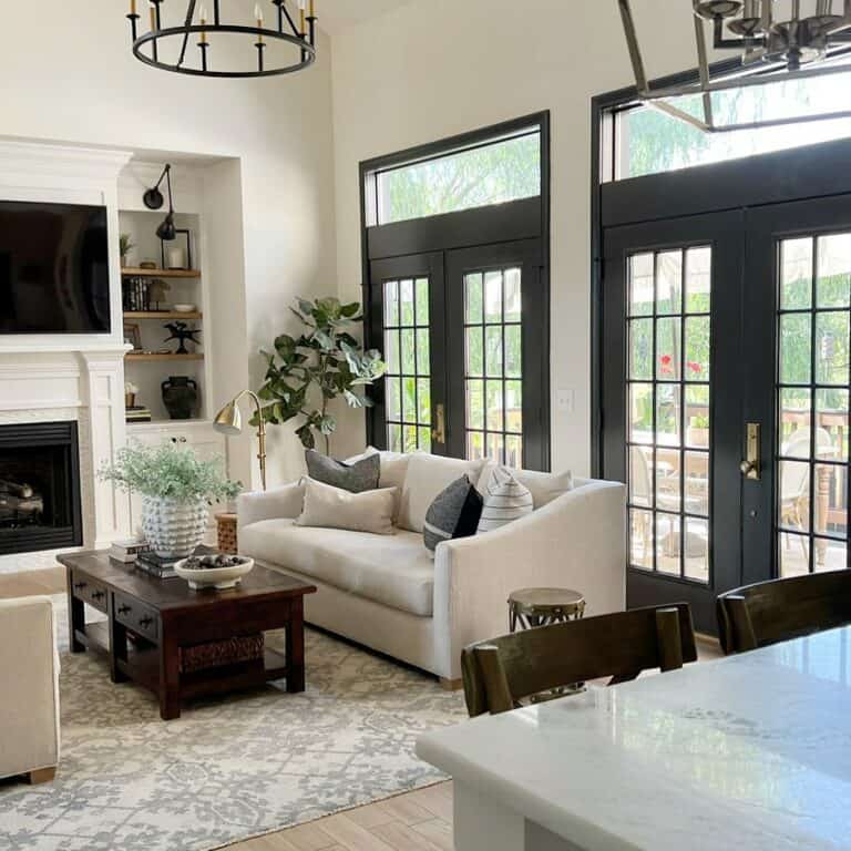 Modern Living Room With Black French Doors