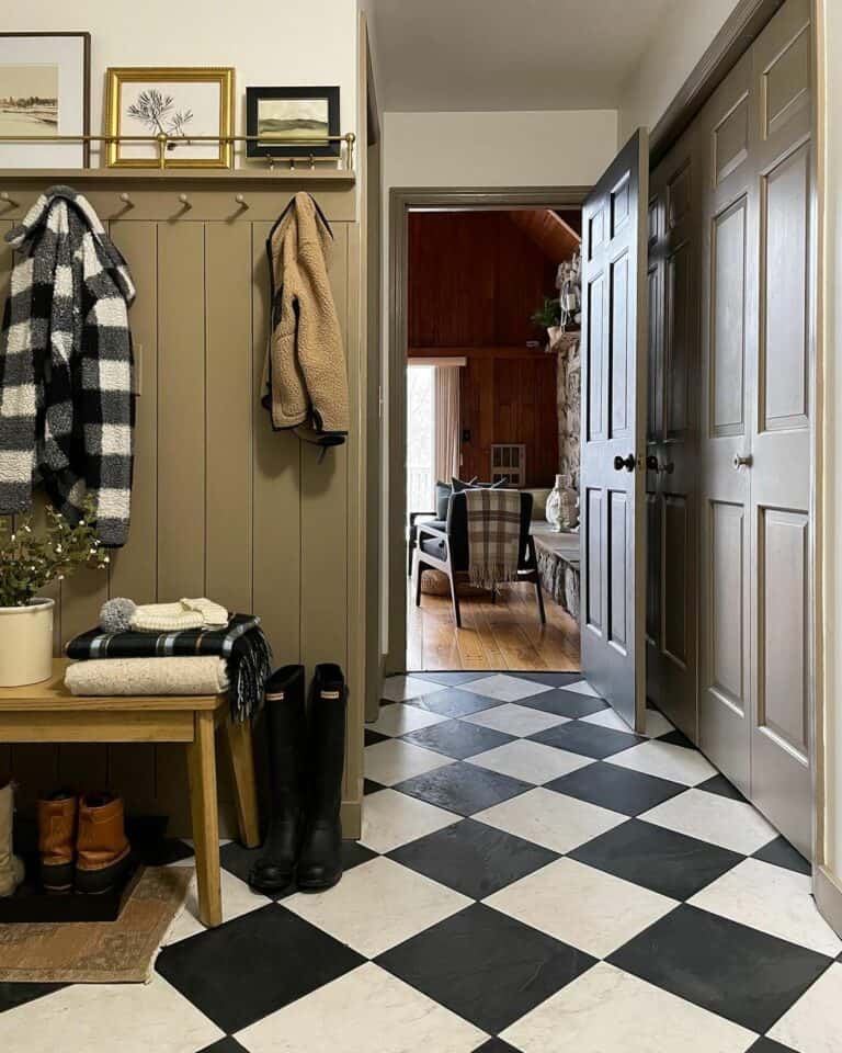 Modern Mudroom With Black and White Checkered Flooring