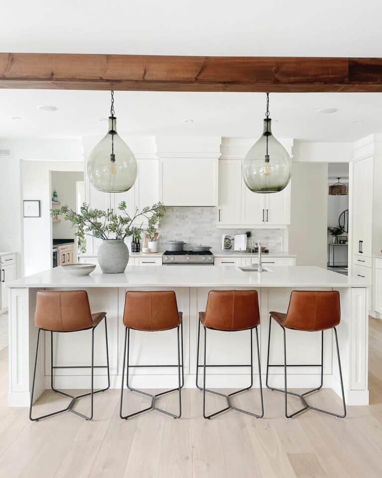 Modern White Kitchen With White Marble Backsplash