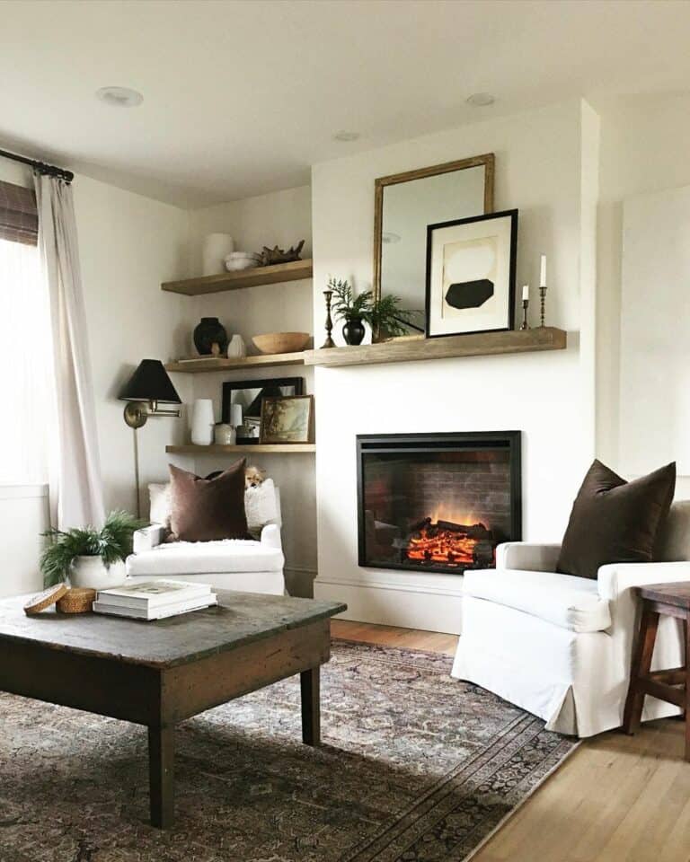 Modern White Painted Fireplace With Floating Wood Mantel