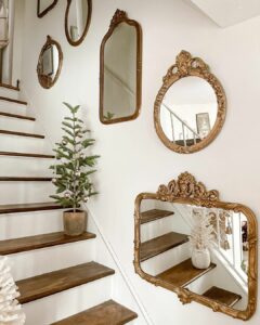 Modern Wood Stairs With Vintage Mirror Wall
