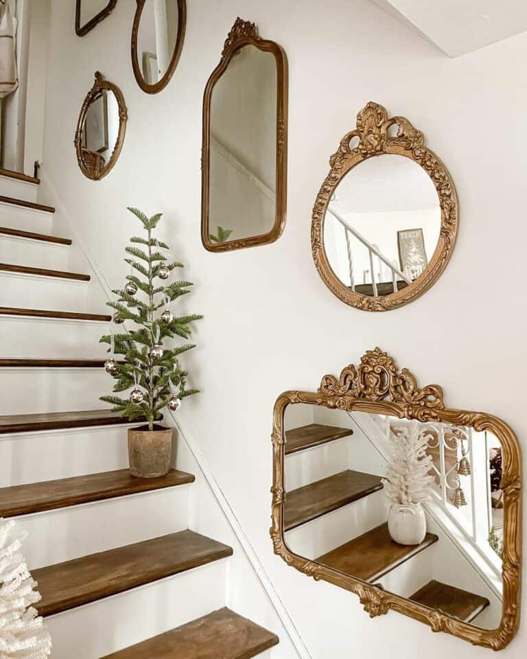 Modern Wood Stairs With Vintage Mirror Wall