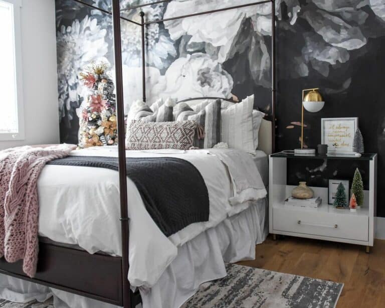 Monochrome Bedroom With Peony Wallpaper