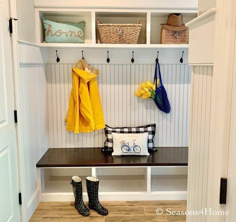 Mudroom Built-in With White Beadboard Accents