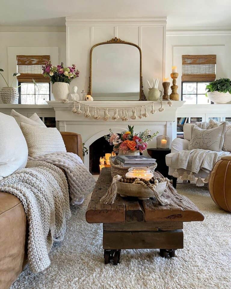 Natural Wood Coffee Table Beside Fireplace