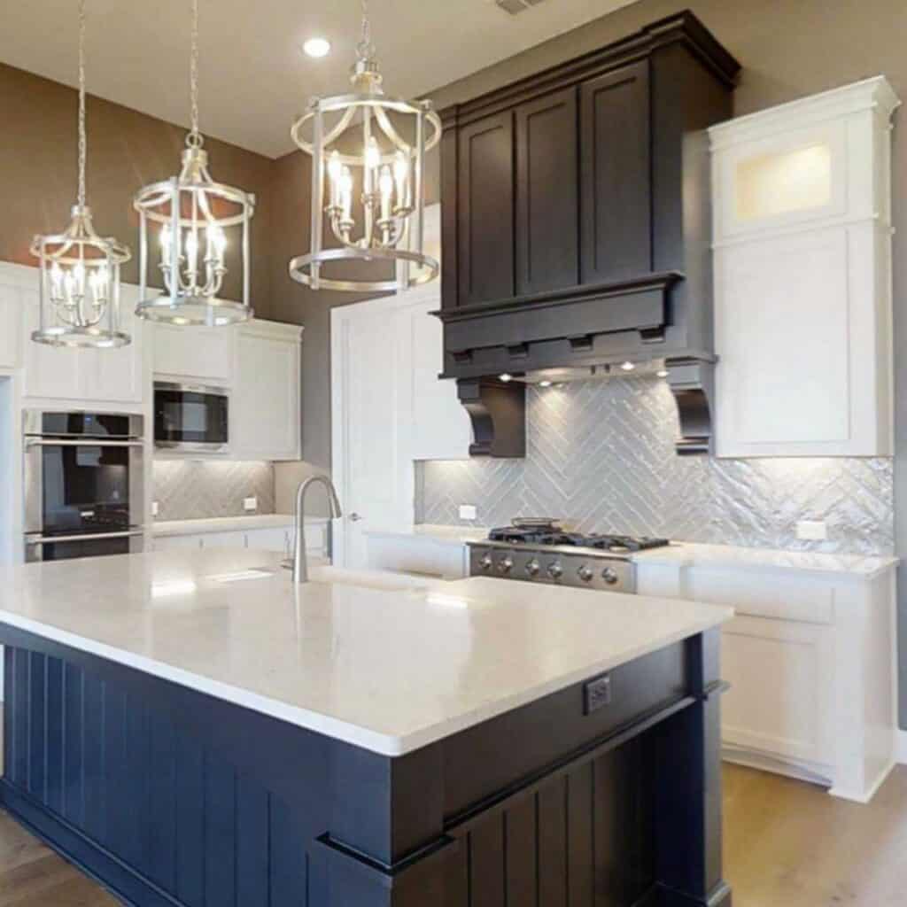 Navy Blue Kitchen Island With Vintage Lights