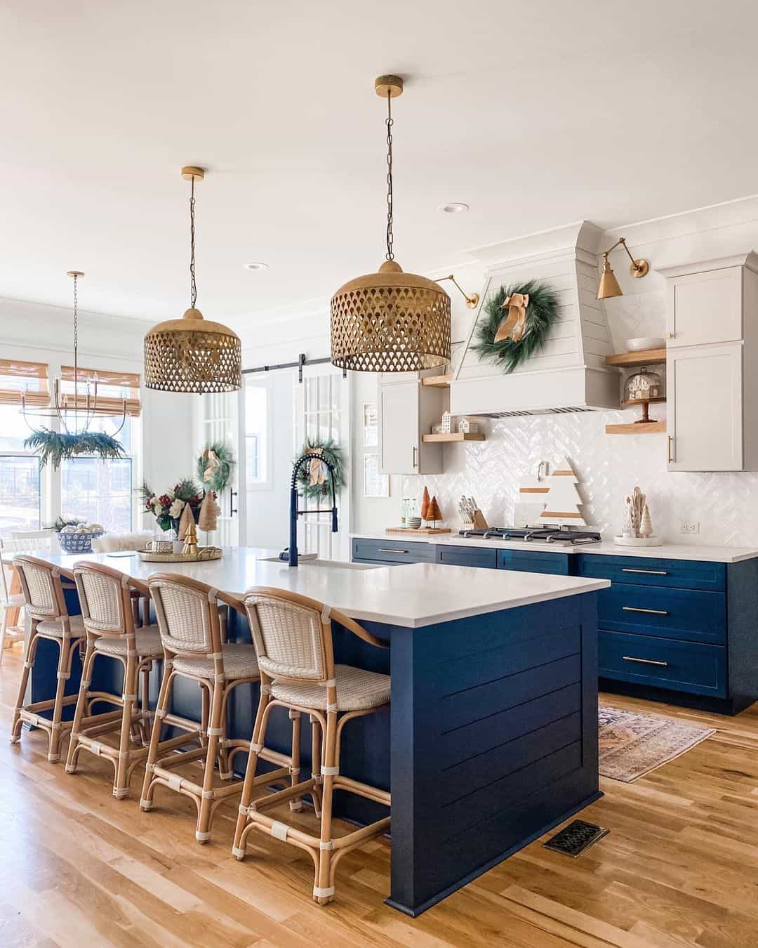 Navy Farmhouse Kitchen With Brass Light Fixtures Soul Lane