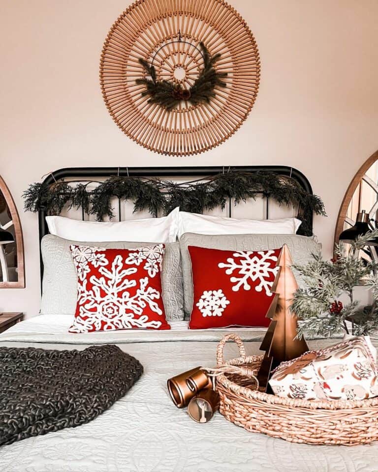 Neutral Farmhouse Bedroom With Festive Pops of Red