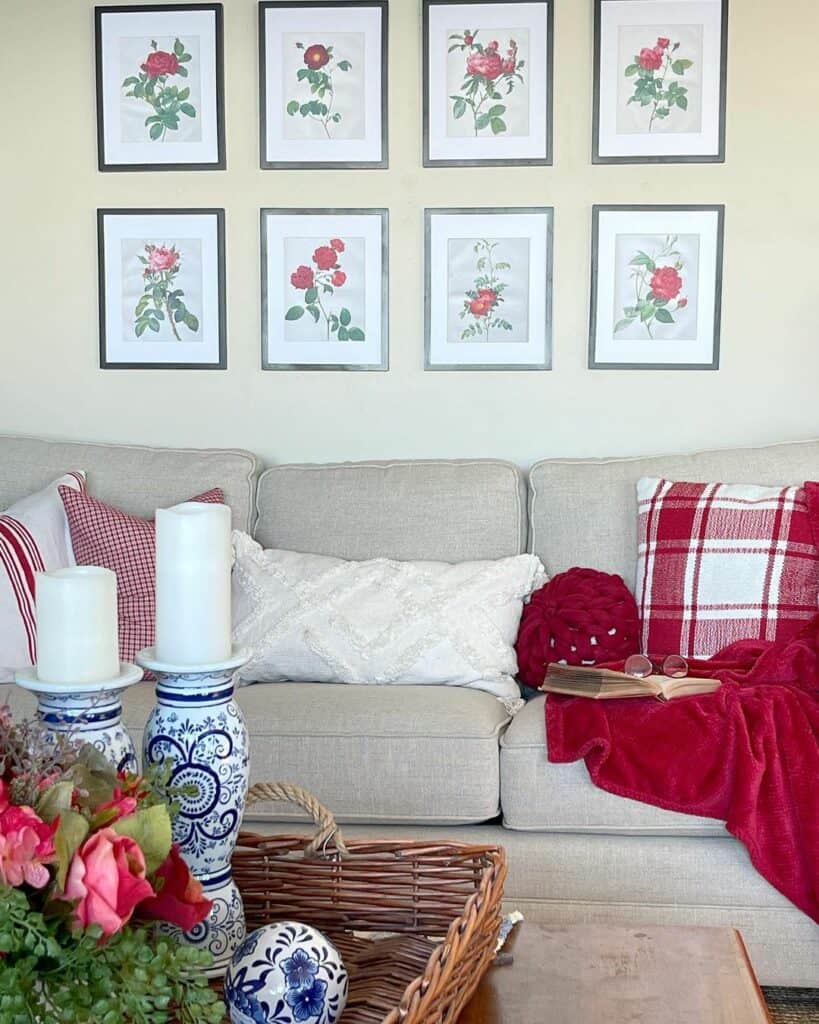 Neutral Farmhouse Living Room With Red Accents