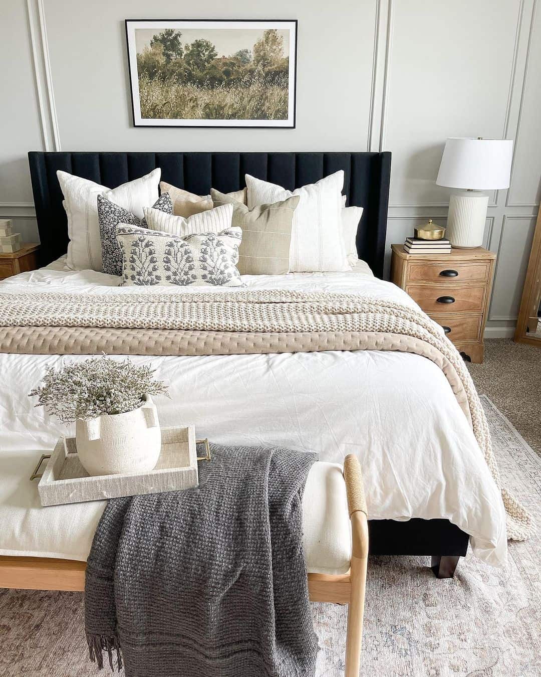 Neutral Greentoned Bedroom With Black Headboard Soul & Lane