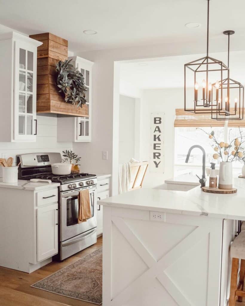 Neutral Kitchen Island With Wood Vent Hood - Soul & Lane