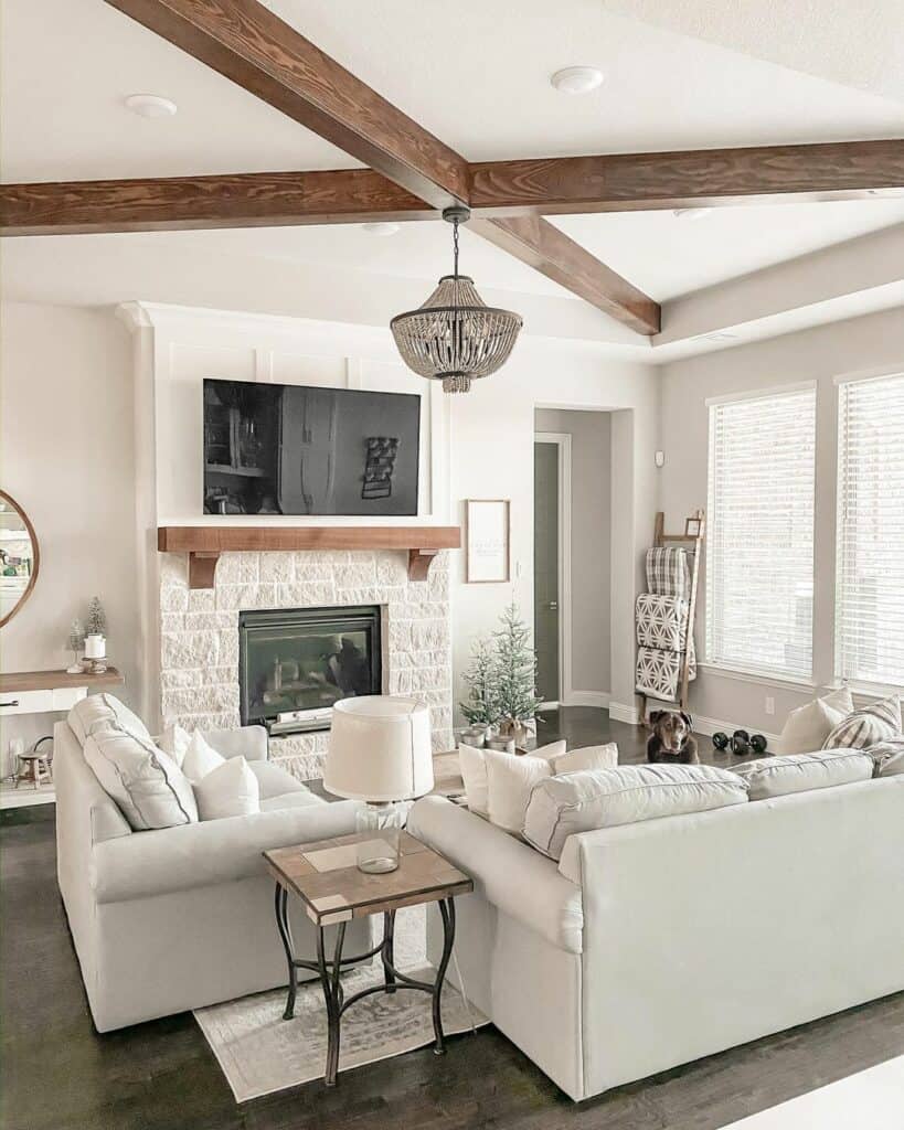 Neutral Living Room With Coffered Wood Ceiling