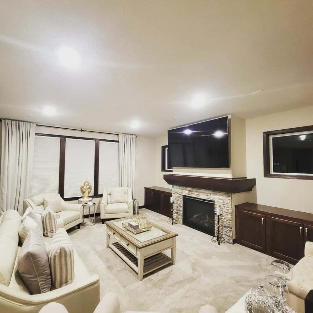 Neutral Living Room With Dark Wood Cabinetry