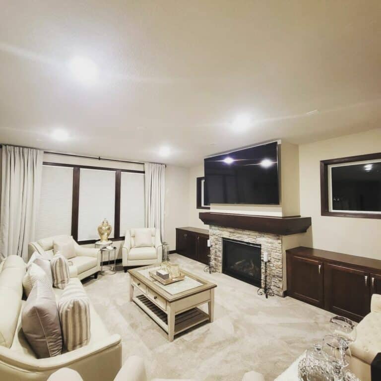 Neutral Living Room With Dark Wood Cabinetry