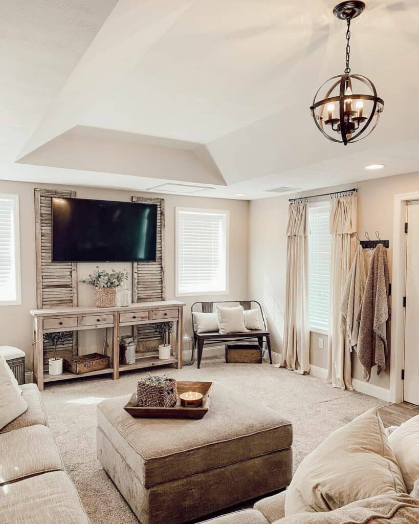Neutral Living Room With Tray Ceiling