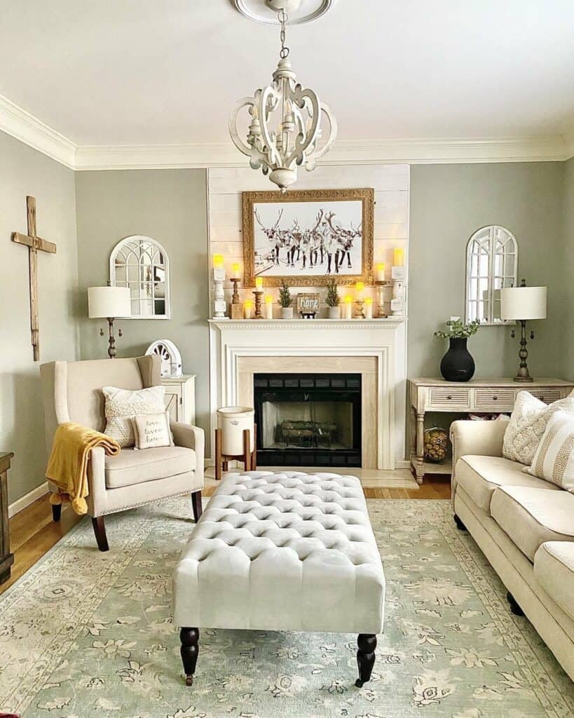 Neutral Living Room With Tufted Ottoman