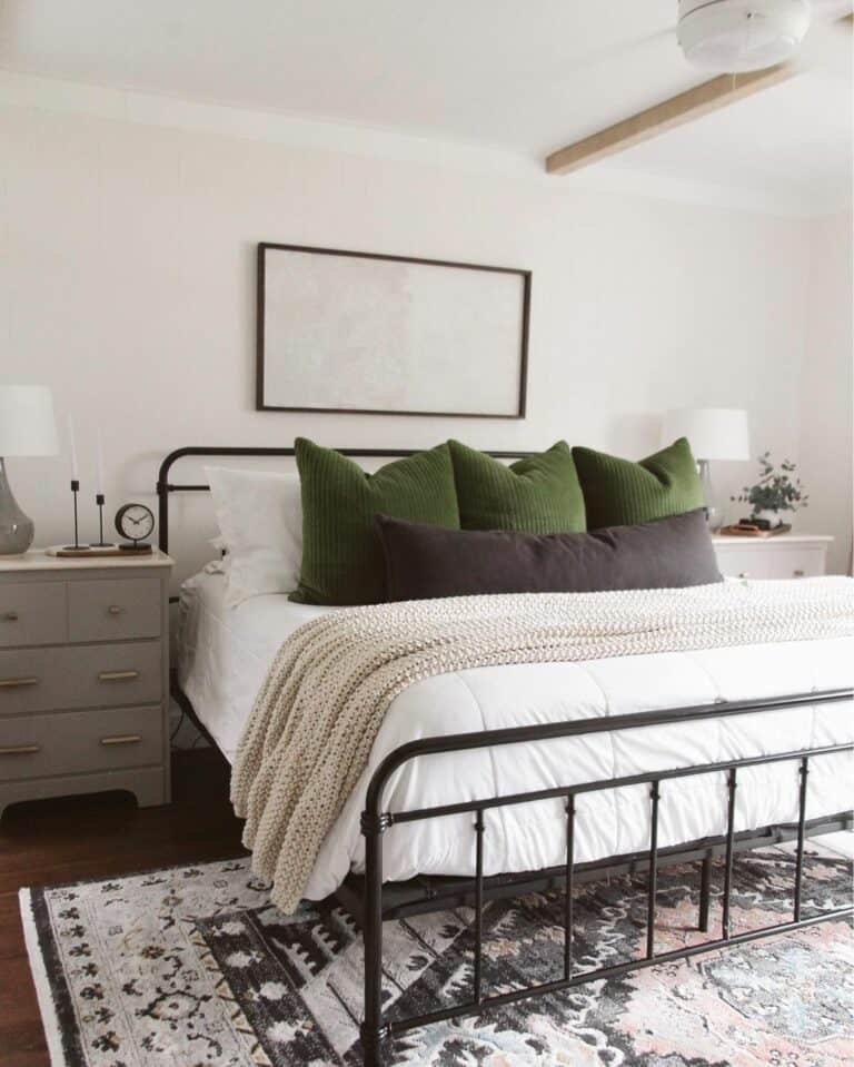 Neutral Master Bedroom With Green Pillows