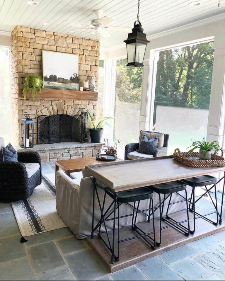 Neutral Stone Fireplace With Farmhouse Accents