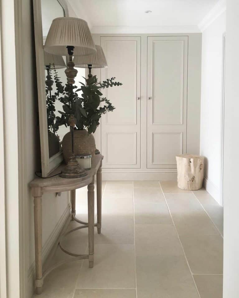 Neutral-toned Hallway With a Beige Built-in Cabinet