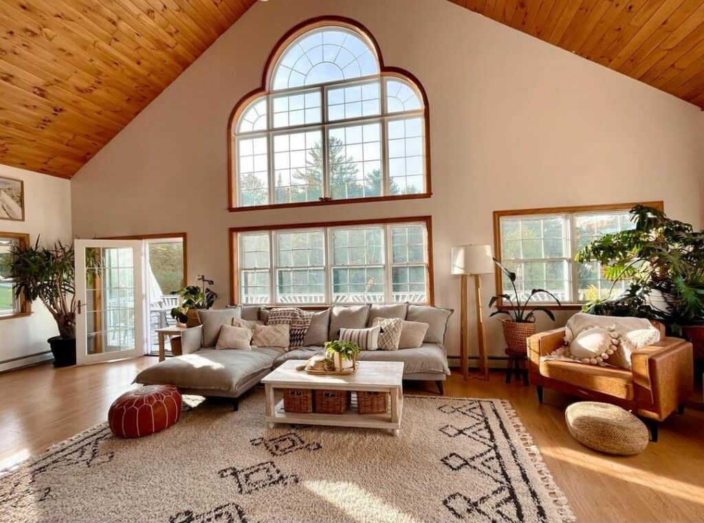 Open Living Room With Wood Shiplap Ceiling