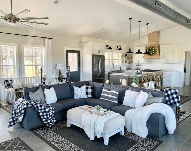 Open Plan Gray Living Room With Rugs